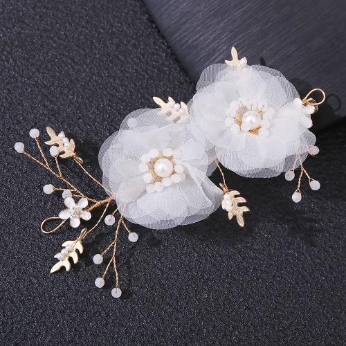 Alligator Hair Clip, Iron, with brass wire & Cloth & Plastic Pearl, for bridal, golden, 140x85mm, Sold By PC