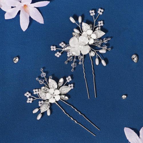 Hair Stick, Tibetan Style, with brass wire & Crystal & Plastic Pearl, 2 pieces & for bridal, silver color, Sold By Set