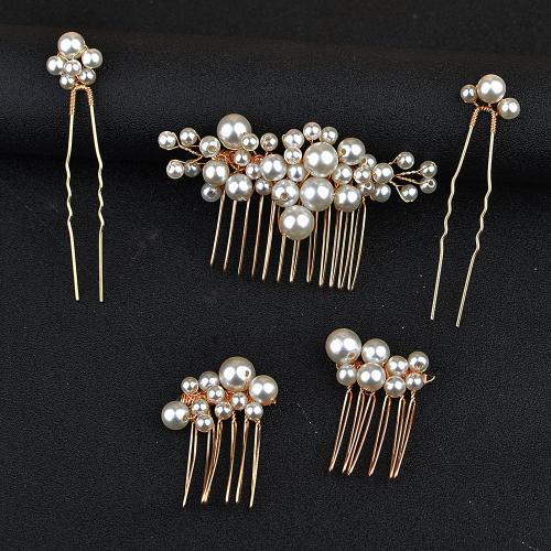 Mixed Hair Accessories, Plastic Pearl, hair comb & hair stick, with brass wire & Crystal, 5 pieces & different materials for choice & for woman, more colors for choice, Sold By Set