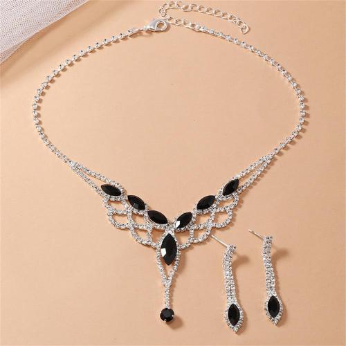 Brass Jewelry Set, earring & necklace, with Rhinestone, with 7cm extender chain, 2 pieces & fashion jewelry & for woman, earring 40*8mm, Length:Approx 32 cm, Sold By Set