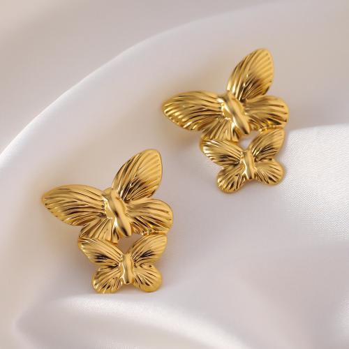 Boucle d'oreille de gaujon en acier inoxydable, Acier inoxydable 304, papillon, Plaqué or 18K, bijoux de mode & pour femme, doré, 28x24mm, Vendu par paire