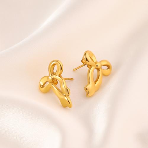 Stainless Steel Stud Earrings, 304 Stainless Steel, Bowknot, 18K gold plated, fashion jewelry & for woman, golden, 20x16mm, Sold By Pair