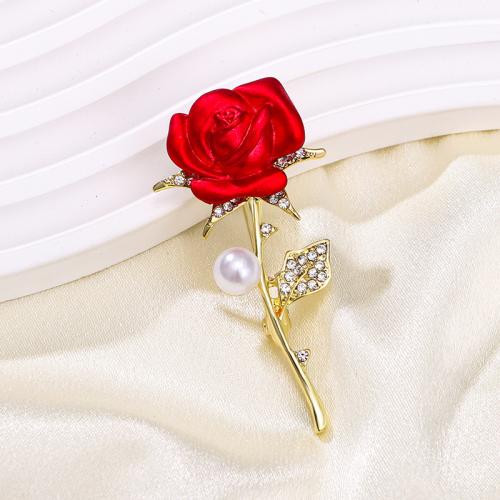 Tibetan Style Brooches, with Plastic Pearl, Rose, for woman & enamel & with rhinestone, more colors for choice, 30x56mm, Sold By PC