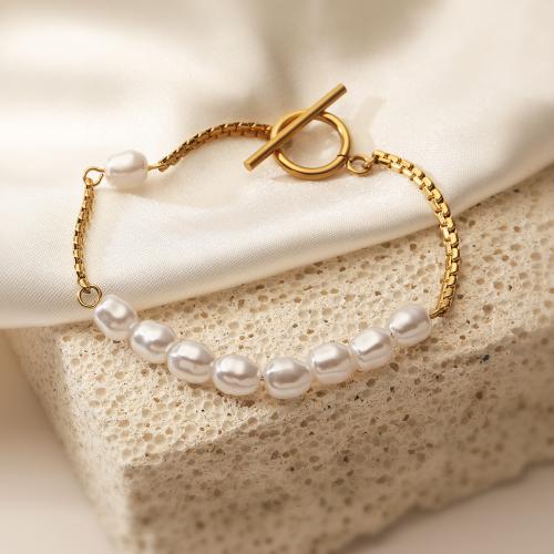 Stainless Steel Jewelry Bracelet, 304 Stainless Steel, with Plastic Pearl, gold color plated, for woman, Sold By PC