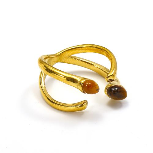 Titanium Steel Finger Ring, with Gemstone, gold color plated, fashion jewelry, golden, Sold By PC