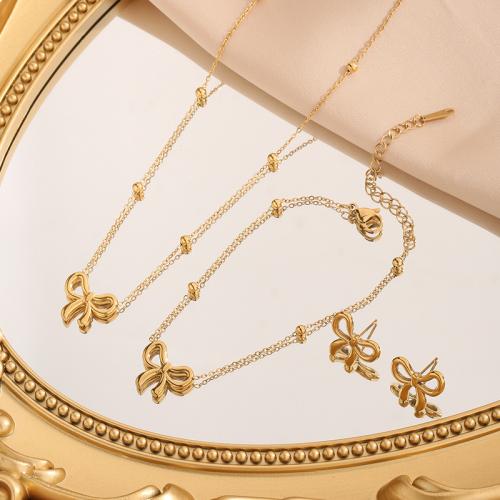 Edelstahl Schmucksets, 304 Edelstahl, Schleife, plattiert, Modeschmuck & verschiedene Stile für Wahl & für Frau, goldfarben, Necklace size :40-5cm; Bracelet size :16-5cm., verkauft von PC