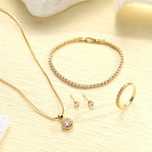 Cubic Zirconia Micro Pave Brass Jewelry Sets, Stud Earring & finger ring & bracelet & necklace, plated, 4 pieces & micro pave cubic zirconia & for woman, golden, Sold By Set