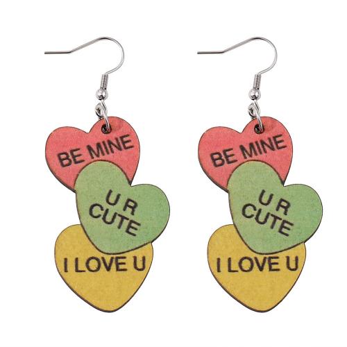 Wood Earring, with 304 Stainless Steel, Heart, printing, dual polish twist chain & fashion jewelry & for woman, mixed colors, Sold By Pair