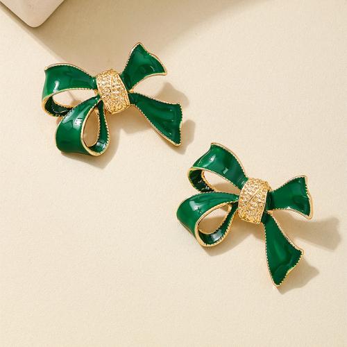 Boucle d'oreille dormeuse en alliage de zinc, Noeud papillon, Placage, pour femme & émail, vert, Vendu par paire