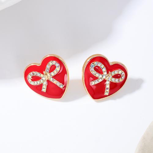 Pendientes de Perno de Aleación de Zinc, Corazón, chapado, micro arcilla de zirconia cúbica & para mujer & esmalte, Rojo, Vendido por Par