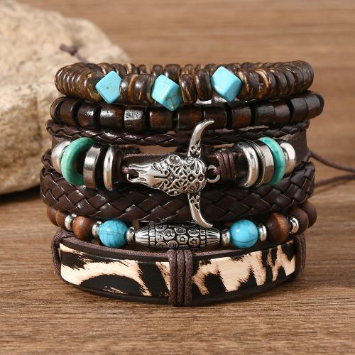 PU Leather Cord Bracelets, with turquoise & Wood & Tibetan Style, handmade, 6 pieces & different styles for choice & for man, more colors for choice, Sold By Set