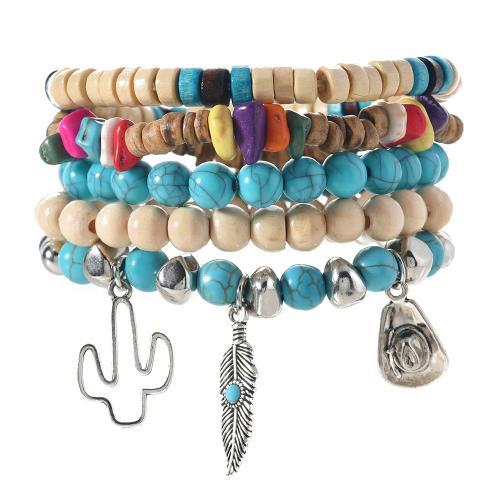 Tibetan Style Bracelet, with turquoise & Coco & Wood, 5 pieces & Unisex, mixed colors, Length:Approx 20 cm, Sold By Set