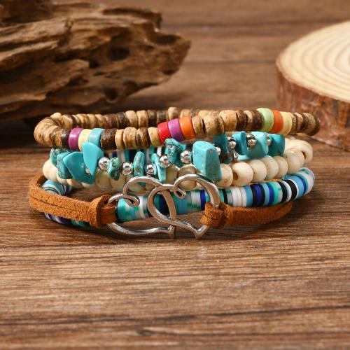 Tibetan Style Bracelet, with turquoise & PU Leather & Wood, handmade, 5 pieces & multilayer & elastic & Unisex, mixed colors, Length:Approx 20 cm, Sold By Set