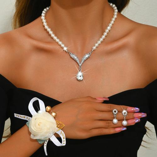 Plastic Pearl Jewelry Set, with Cloth & Rhinestone & Tibetan Style, different styles for choice & for woman, Sold By Set