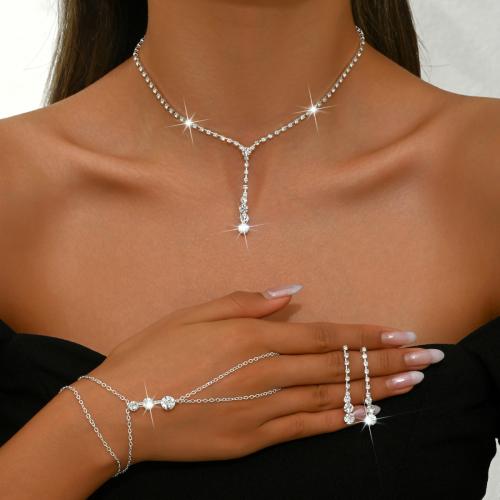 Brass Jewelry Set, plated, different styles for choice & for woman & with rhinestone, silver color, Sold By Set