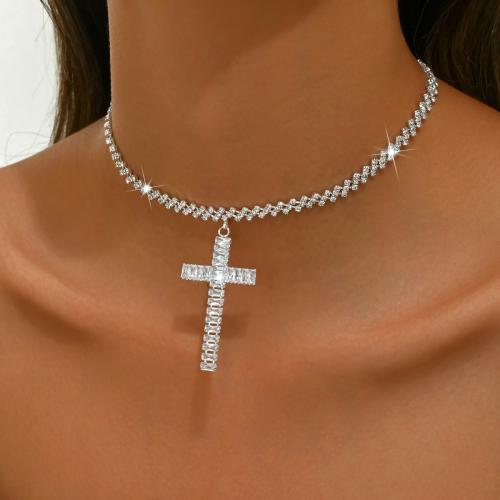 Brass Necklace, with 6.3 extender chain, Cross, plated, for woman & with rhinestone, Length:Approx 11.4 Inch, Sold By PC