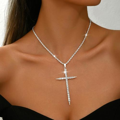 Brass Necklace, Cross, plated, for woman & with rhinestone, silver color, Sold By PC