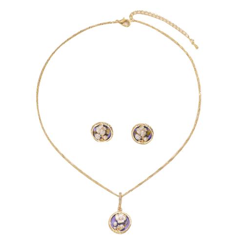 Brass Jewelry Set, Stud Earring & necklace, with Plastic Pearl, with 7cm extender chain, 2 pieces & fashion jewelry & for woman & enamel, golden, Length:42 cm, Sold By Set