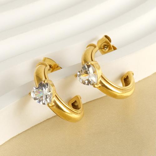 Stainless Steel Stud Earrings, 304 Stainless Steel, 18K gold plated, fashion jewelry & micro pave cubic zirconia & for woman, golden, 18mm, Sold By Pair