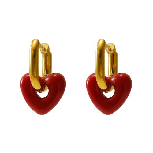 Acier inoxydable Levier Retour Earring, Acier inoxydable 304, coeur, Plaqué or 18K, bijoux de mode & pour femme & émail, 22mm, Vendu par paire