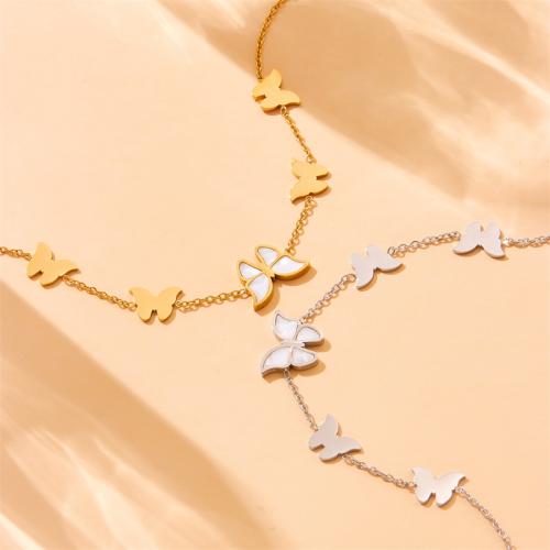 Stainless Steel Jewelry Bracelet, 304 Stainless Steel, with White Shell, with 6cm extender chain, Butterfly, fashion jewelry & for woman, more colors for choice, Sold Per Approx 17 cm Strand