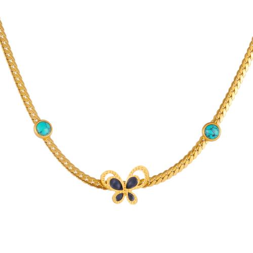 Collier de bijoux en acier inoxydable, Acier inoxydable 304, avec turquoise synthétique, avec 5cm chaînes de rallonge, papillon, bijoux de mode & pour femme, doré, Vendu par Environ 40 cm brin