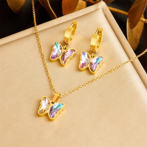 Rhinestone Stainless Steel Jewelry Set, earring & necklace, 304 Stainless Steel, with 5.5cm extender chain, Butterfly, 2 pieces & for woman & with rhinestone, golden, Length:Approx 50 cm, Sold By Set