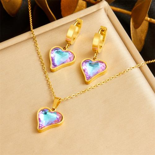 Rhinestone Stainless Steel Jewelry Set, earring & necklace, 304 Stainless Steel, with 5.5cm extender chain, Heart, 2 pieces & for woman & with rhinestone, golden, Length:Approx 40 cm, Sold By Set