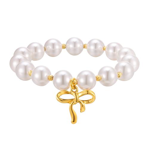 Brass Bracelet & Bangle, with Plastic Pearl, Bowknot, 18K gold plated, fashion jewelry & for woman, golden, Length:Approx 17 cm, Sold By PC