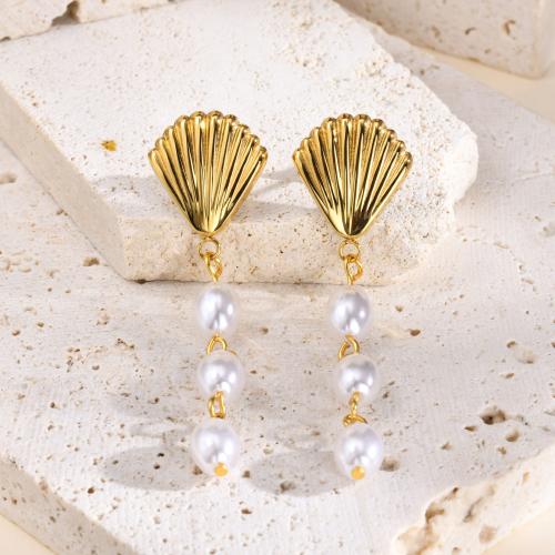 Stainless Steel Drop Earring, 304 Stainless Steel, with Plastic Pearl, fashion jewelry & for woman, golden, 57.50mm, Sold By Pair