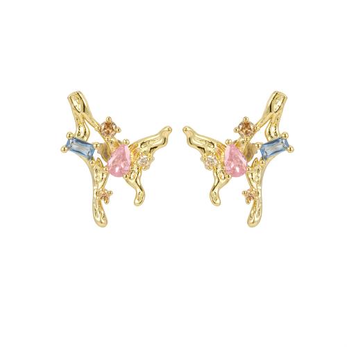 Brass Stud Earring, with Cubic Zirconia, Butterfly, plated, fashion jewelry & for woman, more colors for choice, nickel, lead & cadmium free, 19x21mm, Sold By Pair