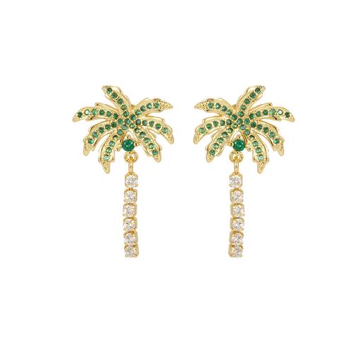 Cubic Zirconia Micro Pave Brass Earring, Palm Tree, plated, fashion jewelry & micro pave cubic zirconia & for woman, more colors for choice, nickel, lead & cadmium free, 17x27mm, Sold By Pair