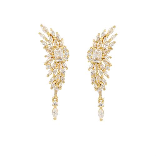 Boucles d'oreilles en laiton zircon cubique pavent, aile d'ange, Placage, bijoux de mode & pavé de micro zircon & pour femme, plus de couleurs à choisir, protéger l'environnement, sans nickel, plomb et cadmium, 12x43mm, Vendu par paire