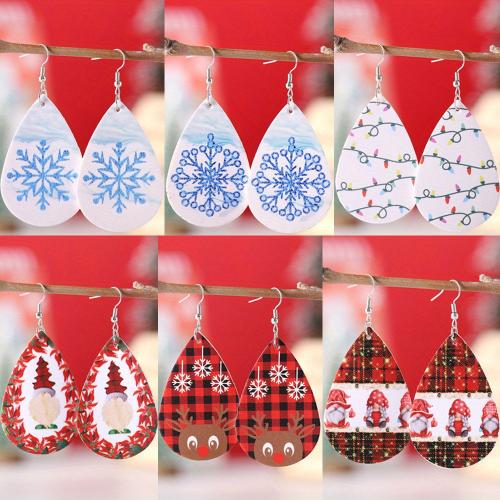 Christmas Earrings, PU Leather, with 304 Stainless Steel, Teardrop, printing, Christmas Design & different designs for choice & for woman & double-sided, Sold By Pair