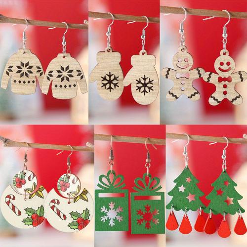 Christmas Earrings, Wood, with 304 Stainless Steel, printing, Christmas Design & different styles for choice & for woman & double-sided, Sold By Pair