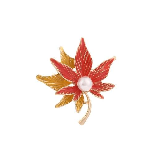 Tibetan Style Brooches, with Plastic Pearl, Maple Leaf, plated, for woman & enamel, more colors for choice, Sold By PC