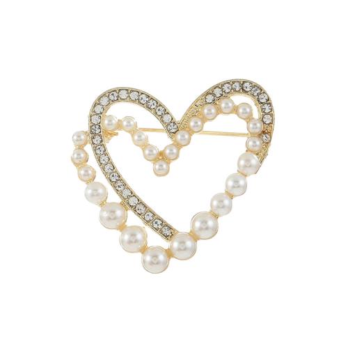 Tibetan Style Brooches, with Plastic Pearl, Heart, plated, for woman & with rhinestone, more colors for choice, 32x32mm, Sold By PC