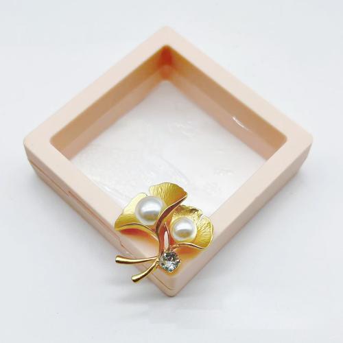 Tibetan Style Brooches, with Plastic Pearl, Ginkgo Leaf, plated, for woman & with rhinestone, gold, 31x32mm, Sold By PC