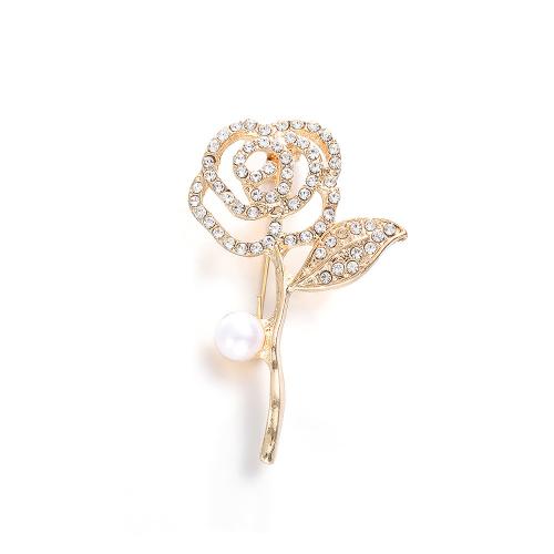 Tibetan Style Brooches, with Plastic Pearl, Rose, plated, for woman & with rhinestone, gold, Sold By PC