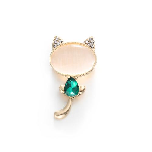 Tibetan Style Brooches, with Gemstone & Crystal, Cat, plated, for woman & with rhinestone, gold, Sold By PC