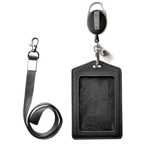 Lanyard card Holder, ABS Plastic, with Leather & Tibetan Style, portable & multifunctional & retractable, black, Tibetan Style easy to pull 3.8CM*6.8CM, line length 65CM, pull 100 grams, certificate rope 1.5*90CM, soft real pickup sleeve 10.8*7.4CM, Sold By Set