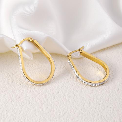 Stainless Steel Lever Back Earring, 304 Stainless Steel, 18K gold plated, fashion jewelry & for woman & with rhinestone, golden, 34x24mm, Sold By Pair