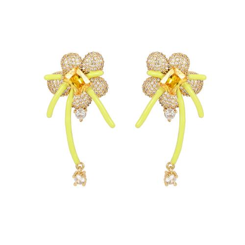 Boucles d'oreilles en laiton zircon cubique pavent, fleur, Placage, bijoux de mode & pavé de micro zircon & pour femme & émail, plus de couleurs à choisir, protéger l'environnement, sans nickel, plomb et cadmium, 26x49mm, Vendu par paire