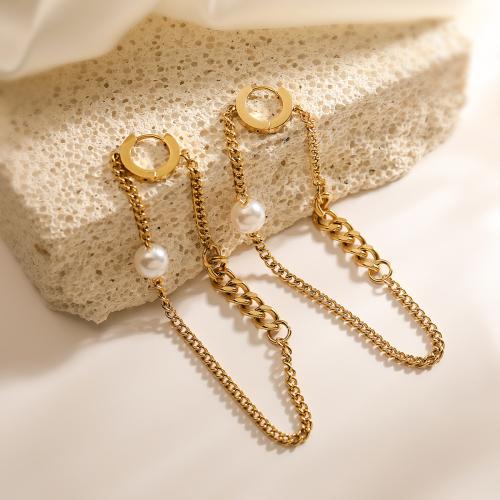 Stainless Steel Drop Earring, 304 Stainless Steel, with Plastic Pearl, gold color plated, for woman, Sold By Pair