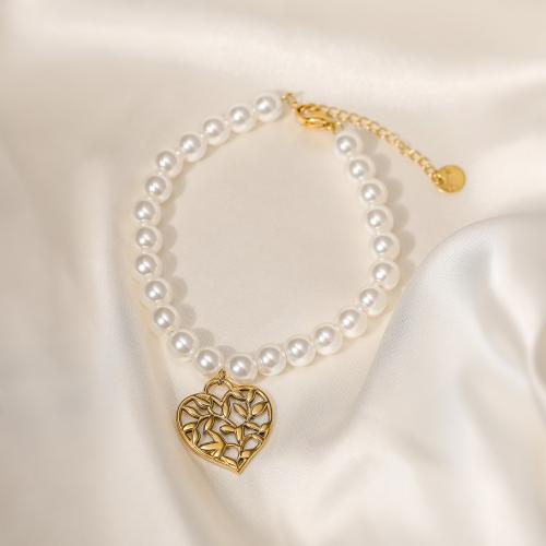 Stainless Steel Jewelry Bracelet, 304 Stainless Steel, with Plastic Pearl, Heart, gold color plated, for woman, white, Sold By PC