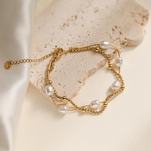 Stainless Steel Jewelry Bracelet, 304 Stainless Steel, with Plastic Pearl, gold color plated, for woman, Sold By PC