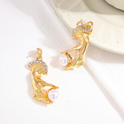 Tibetan Style Stud Earring, with Plastic Pearl, plated, micro pave cubic zirconia & for woman, gold, Sold By Pair