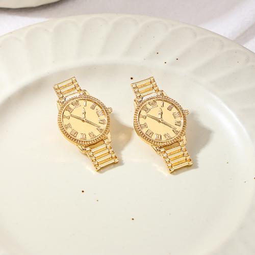 Tibetan Style Stud Earring, Watch, plated, for woman, gold, Sold By Pair