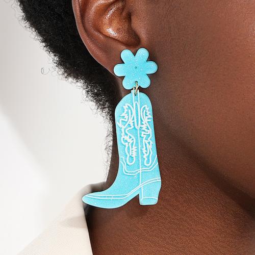 Boucle d'oreille dormeuse en alliage de zinc, avec Acrylique, chaussures, Placage, pour femme, bleu, Vendu par paire