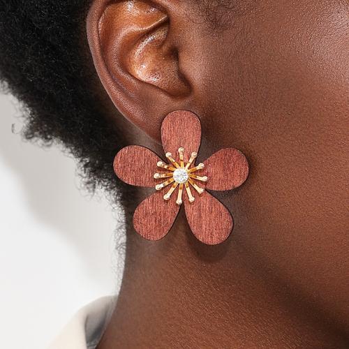 Tibetan Style Stud Earring, with Wood, petals, plated, micro pave cubic zirconia & for woman, brown, Sold By Pair